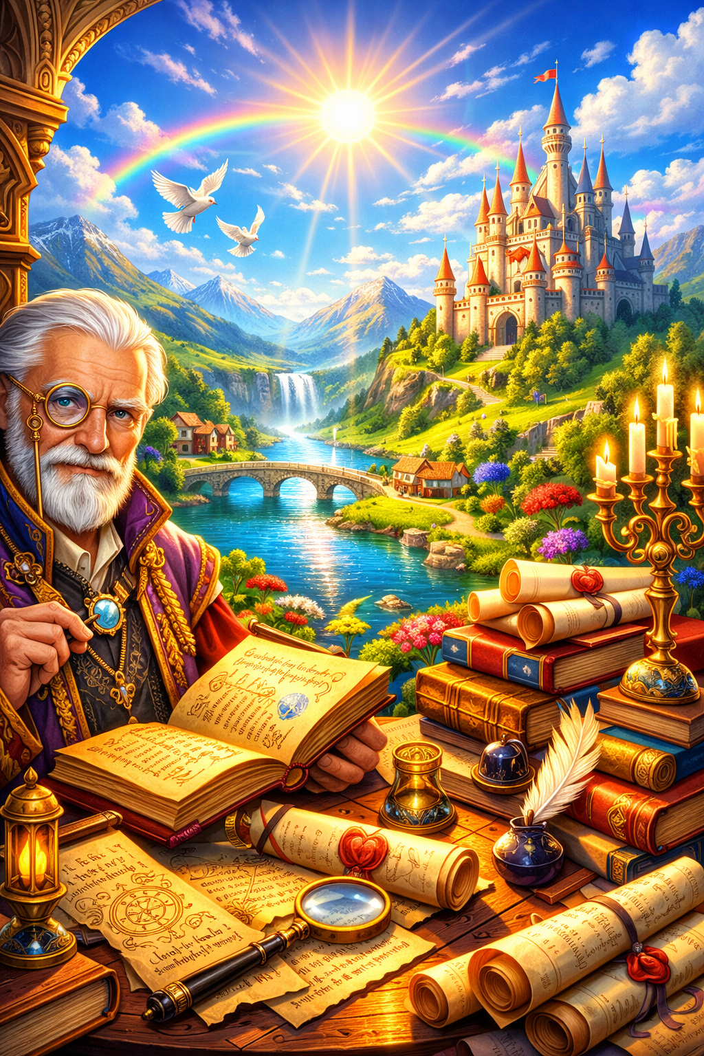 Proud man reading many scrolls with a castle behind him in high fantasy stlyle